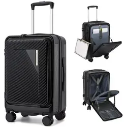 Super Solu Handgepäck-Trolley Hartschalenkoffer 55cm PC erweiterbar mit Frontöffnung & Laptopfach, 4 Rollen, Reisekoffer mit TSA-Schloss & 4 x 360° Doppelrollen, Schwarz