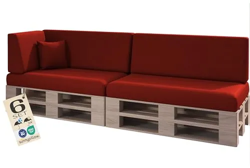 sunnypillow Palettenkissen Outdoor, wasserdicht, UV-lichtecht - 6er Set - Palettenauflage für Palettensofa für Haus und Garten - Palettenpolster für Palettenmöbel - Rückenkissen & Sitzkissen Rot