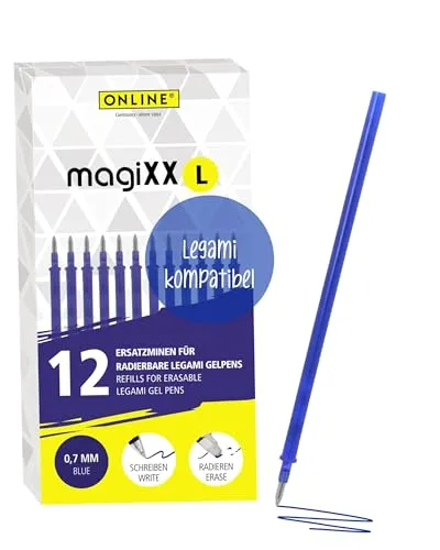 Online Gelschreibermine magiXX L, 70138, löschbar, 0,7mm, blau, 12 Stück - Löschbare Gelschreibermine für Legami Erasable Pen, mit hitzeempfindlicher Tinte, die leicht radiert werden kann. Für ein gleichmäßiges Schreibgefühl und lange Lebensdauer.