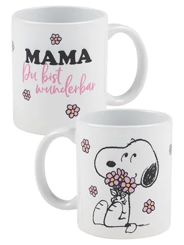 The Peanuts Snoopy Tasse - Mama Du bist wunderbar Kaffeetasse Becher Kaffeebecher aus Keramik Muttertag Weiß 320 ml