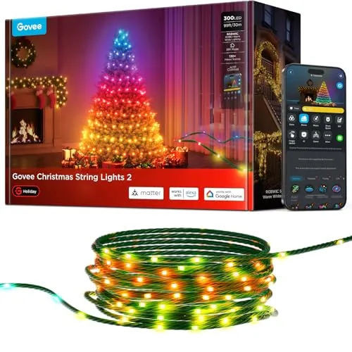 Govee RGBWIC Christmas Lights, 300 LEDs Weilnachtsbeleuchtung Außen, 30M Smarte Lichterkette Innen für Weihnachtsdeko, 130+ Szenen-Modi, Shape Mapping, Kompatibel mit Alexa, Grünes Kabel