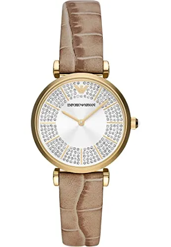Emporio Armani Uhr für Damen , Zweizeiger Uhrwerk, 32MM Gold Edelstahlgehäuse mit einem Lederarmband, AR11518