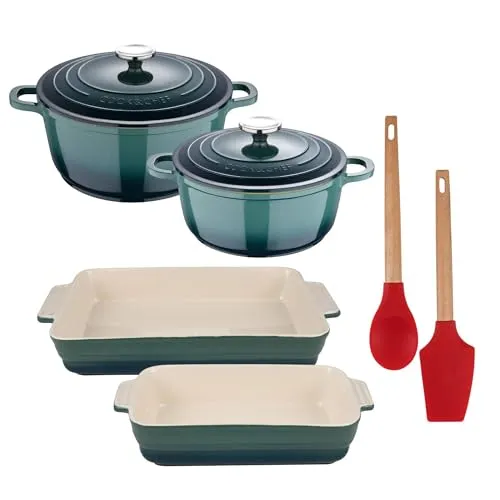 EXCALIBUR Set mit 2 Kochtöpfen mit Deckeln Ø 20 x 24 cm aus Aluminium + 2 Auflaufformen aus Steingut grün + 2 Küchenutensilien (Löffel, Spatel) Bergner