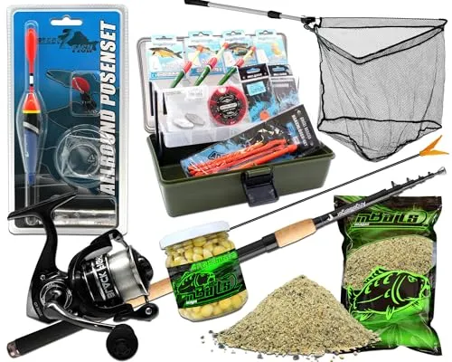 Riesiges Angelset Angelausrüstung mit Gerätekoffer - Angelset für Einsteiger und Profis, inklusive Teleskop-Klappkescher und umfangreichem Zubehör, ideal für jeden Angler.