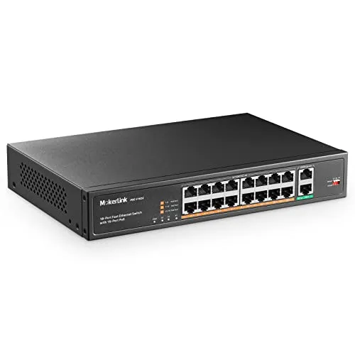 MokerLink 18 Port PoE Switch, 16 PoE+ 10/100Mbps, 2 Gigabit Uplink , 250W Hochleistung, Unterstützung von IEEE802.3af/at und Nicht verwaltetem Plug-and-Play für die Rackmontage