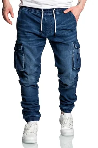 REPUBLIX Herren Sweathose in Stretch Denim Männer Cargo Jogging Jeans R7024 Dunkelblau W29