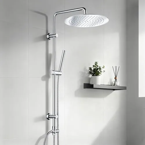 Görbach Duschsystem ohne Armatur mit Edelstahl Regendusche, massive Kopfbrause 30 cm Chrom, stabile Duschstange aus Edelstahl, verstellbare Halterungen, kompatibel mit bestehenden Bohrlöchern