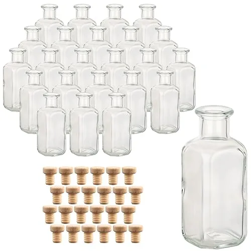 gouveo 24er Set Glasflaschen 100 ml - Apotheker Design eckig mit Korken - Glasbehälter & Töpfe: Hochwertige 100 ml Flaschen im dekorativen Apotheker-Look, ideal für Spirituosen und als Deko-Highlight!