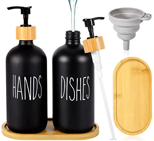 BARAKYEG Seifenspender Küche 500ml Spülmittelspender Seifenspender Glas Set,Badezimmer Set Handseifenspender mit Tablett,Trichter Silikon Arbeitsplatte Badezimmer Deko - 2er Mattschwarzer