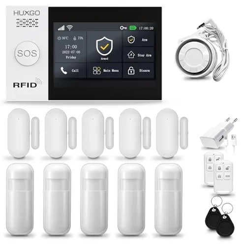HUXGO® HXA007 Alarmanlage fürs Haus WiFi + GSM Set mit Sirene | Funk Alarmanlage Wohnung mit App. TUYA |Alarm System mit 5X Bewegungssensor, 5X Fensteralarm/Türsensoren | Smart Home