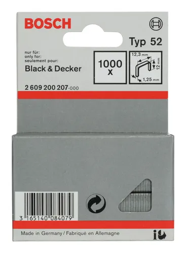 Bosch Zubehör Typ 52 Flachdrahtklammer - 1,25 x 12 x 12,3 mm - 1000er-Pack - 2609200207 (1.000 Stück)