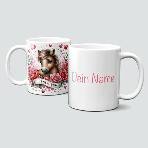 online-hut - Tasse - Kaffeebecher - Valentinstag - Liebe - Love - Blumen - Flower - Valentine Animal - Pony - Pferd - Horse - Personalisiert - Geschenkidee - LT-971