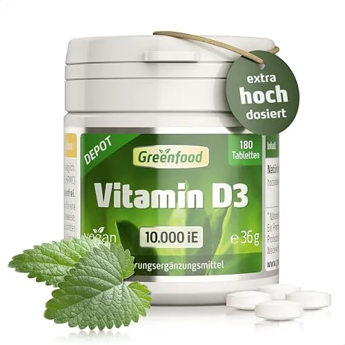 Vitamin D3, extra hochdosiert, 10.000 iE - 180 Tabletten, vegan. 10-Tagesration – für Immunsystem, Knochen, Muskeln und Zähne. OHNE künstliche Zusätze - laborgeprüft. Von Greenfood.