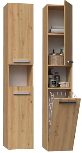 BDW Badezimmerschrank, Wäschekorb, 2 - Türen 174 x 31 x 30cm Unterschrank, Waschbeckenunterschrank, Hochschrank, Badmöbel, Bad-Hochschrank, Badregal, NEL III (Artisan-Eiche)