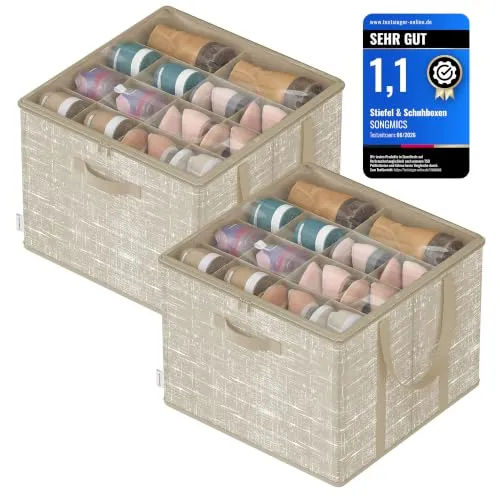 SONGMICS Schuh-Organizer, 2 Stück, für bis zu 32 Paar Schuhe, Griffe | Schuhaufbewahrung, transparenter Deckel, sandbeige, TINA Kollektion LSP602LF01