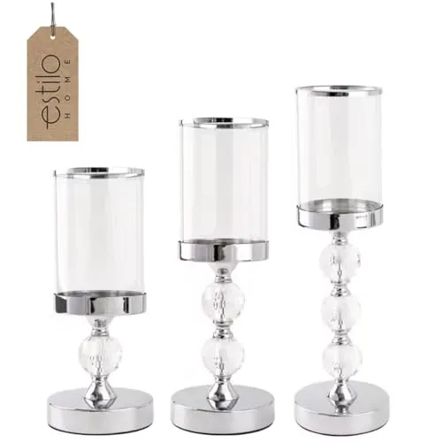 Glas-Kerzenhalter Kelch Glamour Windlicht Kristalle - Set aus 3 Stück (Silber)