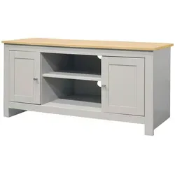 Eddie TV-Ständer mit 2 Türen in Eiche und Grau - Moderner TV-Ständer mit kompaktem Design, ideal für kleine Räume. Zwei Ablagen und ein Schrank bieten viel Stauraum, während ein cleveres Kabelmanagement für Ordnung sorgt.