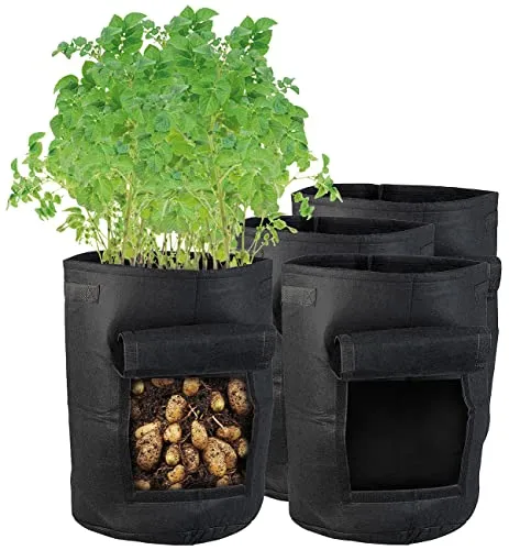 Royal Gardineer Kartoffel Pflanzsack: 4er-Set XL-Pflanzen-Wachstumssäcke, je 38 l, Tragegriffe, Sichtfenster (Pflanzsäcke mit Erntefenster, Gemüsepflanzsack, wasserdichte Taschen)