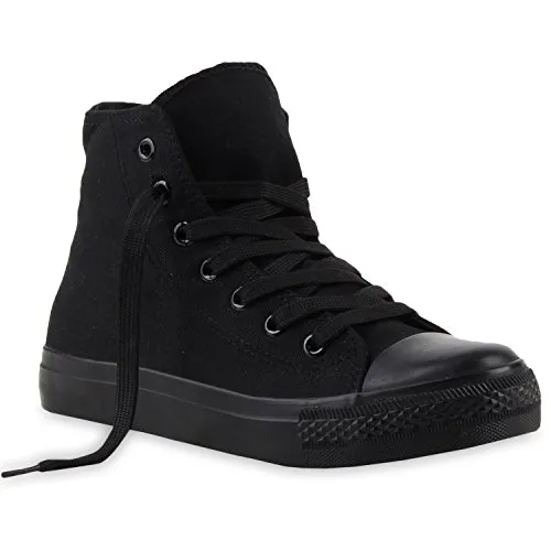 stiefelparadies Damen Sneakers Denim Stoff Spitze Sneaker Low Nieten Glitzer Freizeit Damen Turn Schuhe 112220 Schwarz-Schwarz 37 Flandell