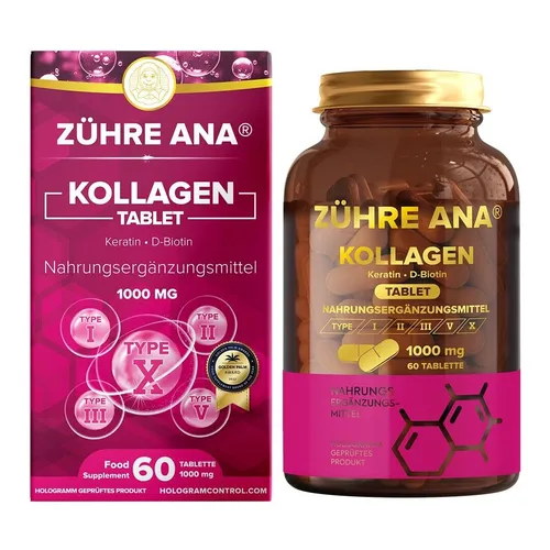 Zühre Ana Kollagen Kapseln 1000mg - 60 Kapseln - Nahrungsergänzungsmittel mit hochwertigem Hydrolysiertem Kollagen, unterstützt Hautelastizität und fördert Hautgesundheit dank D-Biotin. Ideal für strahlende Haut und gesunde Gelenke.