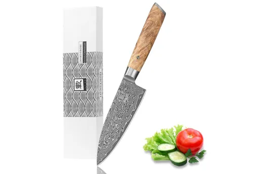 Zayiko Damast kleines Chefmesser 16 cm - Küchenmesser aus 67 Lagen Damaststahl mit ergonomischem Wurzelholzgriff, ideal zum Schneiden von Fleisch, Fisch und Gemüse. Hochwertige Geschenkverpackung inklusive.