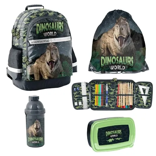 PASO Schulrucksack DINO 5-teilig mit Turnbeutel, Federmappe, Brotdose und Trinkflasche - Schulranzen-Set in Dino-Optik, ideal für Kinder ab 5 Jahren, praktisch und vielseitig für Schule und Freizeit.