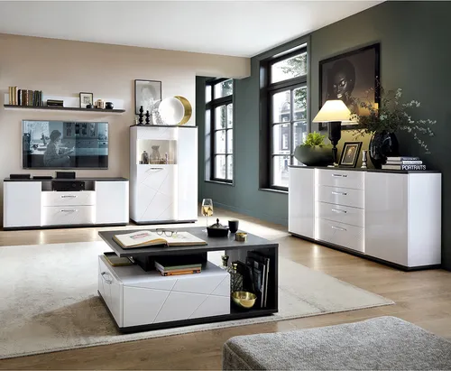 Wohnwand mit Couchtisch, 5-teilig, inkl. Beleuchtung, weiß Hochglanz mit Eiche schwarz, VISALIA-129