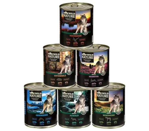 Dehner Wild Nature Hundefutter Probier-Set - Hundefutter-Probier-Set mit 6 getreidefreien Sorten, hoher Fleischanteil und 100% natürliche Zutaten für ausgewachsene Hunde.
