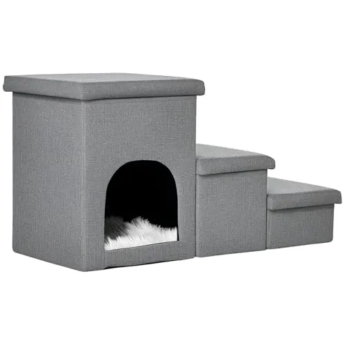 PawHut Hundetreppe 3 Stufen 40,5 cm Hoch Kissen für Kleine Hunde Hellgrau