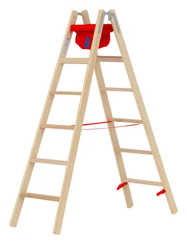 Hymer Holz Stufenstehleiter 6 Stufen - Leiter aus Holz mit 2,60 m Arbeitshöhe, klappbar und ideal für Malerarbeiten, inkl. Tasche & Eimerhaken für zusätzlichen Komfort.