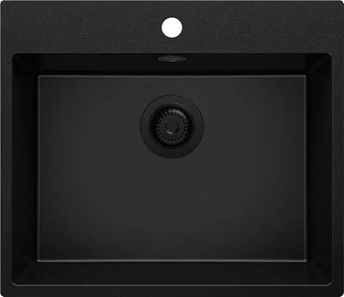PRIMAGRAN Spülbecken Alles Schwarz 58x50cm, Granitspüle 1 Becken + Ablauf-Set, Küchenspüle ab 60er Unterschrank - Riga S178