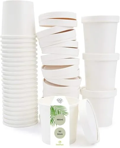 DeinPack 50 Suppenbecher 480ml 16 oz weiß I Suppen-Becher to Go Pappe I 50 Einweg-Becher mit Deckel | Eisbecher