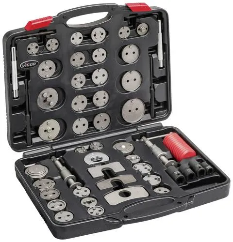 Vigor V3760N Bremskolben-Rückstellwerkzeug Satz - Bremssattelwerkzeugset für effizientes Zurücksetzen von Bremskolben, inklusive 4 Spezial Steckschlüssel-Einsätzen und magnetischen Spindelaufnahmen für komfortables Arbeiten.