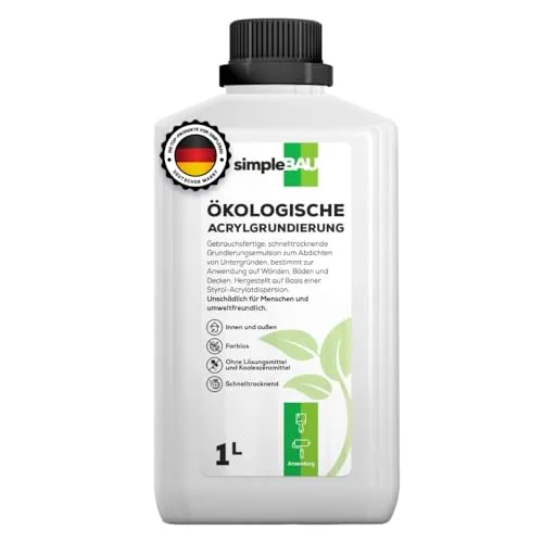 simpleBAU Acryl-Grundierung – Grundversiegelung für Wand Innen & Außen, Tiefgrund für stark saugende Untergründe – Gebrauchsfertig & Lösungsmittelfrei - 1L