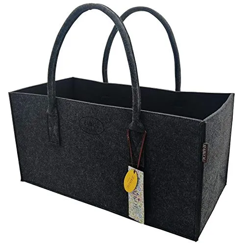 RAIKOU NEU Filztasche Shopper Holzkorb Einkaufstasche Henkeltasche Zeitungskorb Stabile Kaminholztasche Zeitungsständer auch für Spielzeug Garten Picknick Strand (Anthrazit/Schwarz,50 * 25 * 25cm)