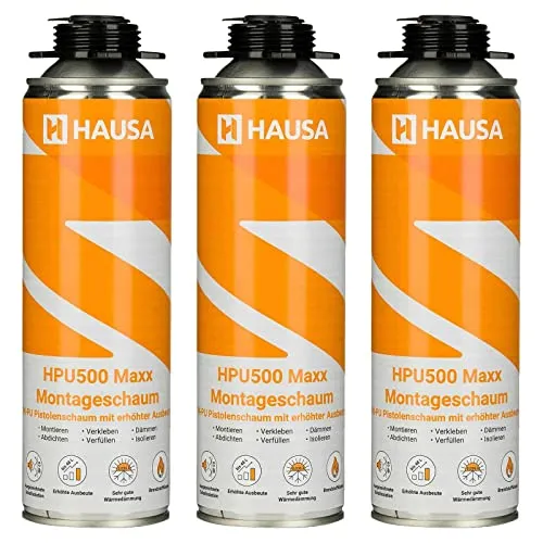 HAUSA Montageschaum HPU500 Maxx 3x 500ml grau B2 Pistolenschaum zum Verfüllen, Dämmen & Abdichten, extrem hohe Ausbeute, ausgezeichnete Dämm- & Isoliereigenschaften, Bauschaum für Schaumpistolen