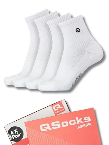 QOLONIA Quarter Socken für Damen und Herren – Gepolstert, 100% Baumwolle (4 Paar) - Halbhohe, gepolsterte Sportsocken in 4 Farben, ideal für Fitness, Laufen und Yoga. Aus atmungsaktiver Baumwolle gefertigt, bieten sie hohen Tragekomfort und eine perfekte Passform.