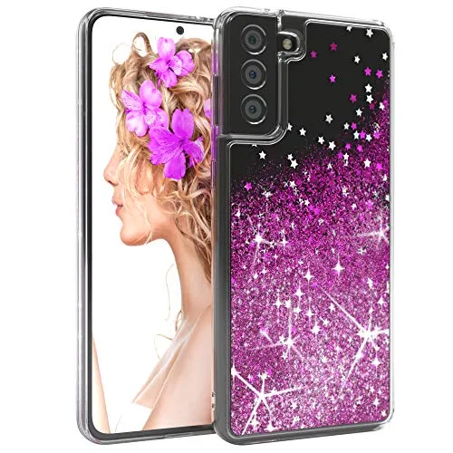 EAZY CASE Hülle kompatibel mit Samsung Galaxy S21 Plus 5G Schutzhülle mit Flüssig-Glitzer, Handyhülle, Schutzhülle, Back Cover mit Glitter Flüssigkeit, TPU/Silikon, Transparent/Durchsichtig, Lila
