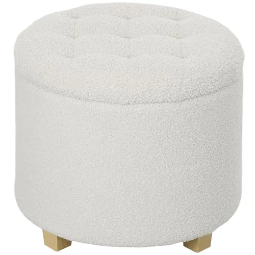 HOMCOM Runder Sitzhocker mit Stauraum, 45 x 45 x 41 cm, Weiß - Praktischer Hocker mit 40,5 L Stauraum für Decken und Bücher. Der weiche Kaschmir-Bezug und die dicke Polsterung bieten hohen Sitzkomfort. Ideal als stilvolles Möbelstück für Wohnzimmer oder Schlafzimmer.