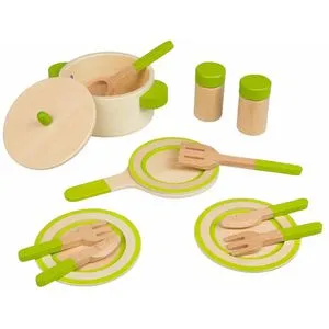 Idena Kinderküchen-Zubehör Kleine Küchenmeister, Topf, Pfanne und Geschirr, aus Holz, 13-teilig