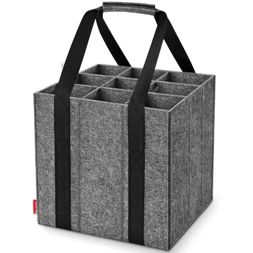 Enbagold Flaschentasche 9 Fächer je 1,5 Liter, Faltbar Flaschenträger, Filz Männerhandtasche mit Trennwänden, Flaschen Einkaufstasche für Wasserflaschen, Weinflasche, Bier und Sekt - Dunkelgrau