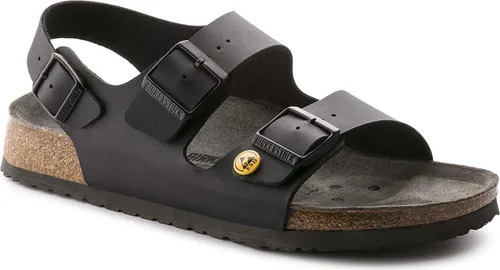 Birkenstock Sandalen MILANO ESD Schwarz 45 - Damen-Zehentrenner mit ESD-zertifiziertem Design, anatomisch geformtem Kork-Latex-Fußbett und verstellbaren Schnallen für optimalen Tragekomfort.