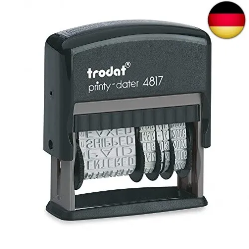 Trodat Printy 4817 Wortbandstempel mit Datum - Standardstempel mit 12 verschiedenen Textzeilen für effiziente Dokumentation. Ideal für Büro und Home Office, nachfüllbare Tinte sorgt für Nachhaltigkeit.