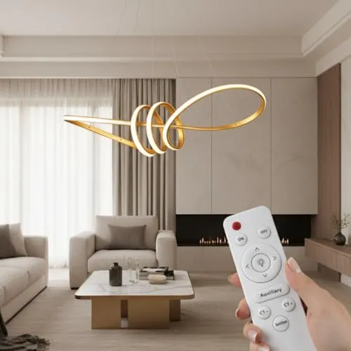 StandHeiz LED Pendelleuchte Spirale Gold 70W – Dimmbar mit Fernbedienung – Moderne Design Hängeleuchte für Wohnzimmer, Esszimmer – Einstellbare Lichtfarbe 3000–6000K