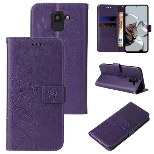 LBH Handy Hülle für Samsung Galaxy A8 (2018) Case Handytasche Schmetterling Blumen Flower Standfunktion Schutzhülle Magnet Rundum Schutz 360 Grad Flipcase Cover Violett