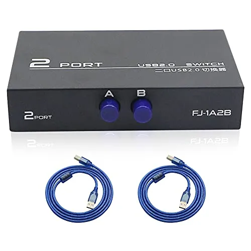 QIANRENON Printer Sharing Adapter, 2-Port usb 2.0 Switch für das Teilen von USB-Geräten zwischen 2 Computern, inklusive 2 Pack Männlich Kabel