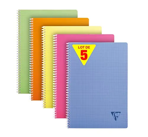 Clairefontaine Linicolor FRESH Notizheft 5er Set - Blöcke & Formulare: Praktisches Notizheft mit Doppelspirale, 90 Blatt, 90g, kariert und robustem Einband aus gerilltem Polypropylen.
