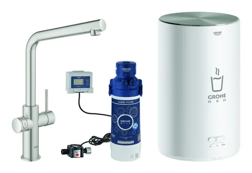 Grohe Red Duo Spültischarmatur mit L-Auslauf - Supersteel - Küchenarmatur mit integriertem Boiler für sofort heißes Wasser, ideal für Kochliebhaber und effiziente Küchen.
