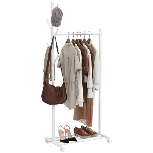 HOMCOM Kleiderständer mit Kleiderstange und Schuhablage - Praktischer Kleiderständer mit 5 Haken und Schuhablage, ideal für Schlafzimmer und Waschküche. Robuste Metallkonstruktion mit 4 Rollen für einfache Mobilität.