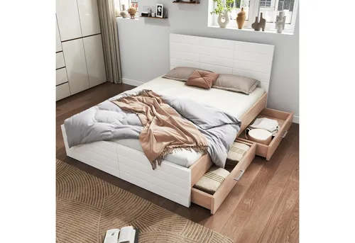 Okwish Doppelbett 160x200 cm in Weiß - Elegantes Doppelbett mit Holzwerkstoff und praktischem Stauraum. Ideal für modernen Schlafzimmerstil. Die stabile Konstruktion sorgt für Komfort und eine anpassbare Schubladenlösung.
